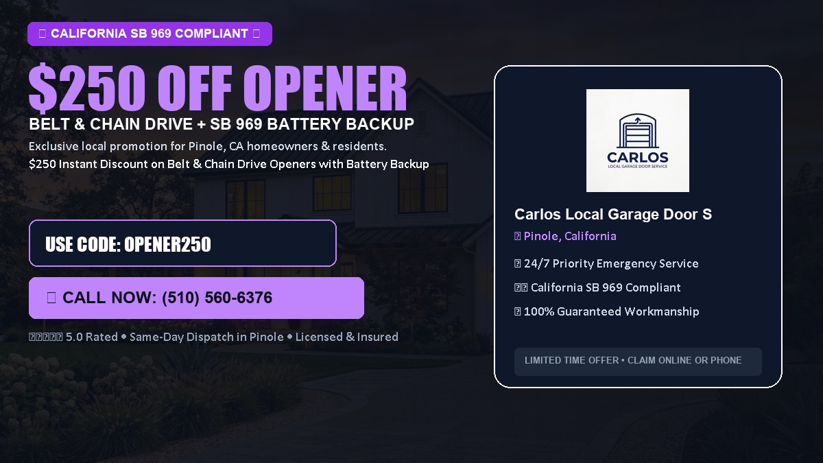 $250 OFF Smart Garage Door Opener Installation (Belt & Chain Drive with California SB 969 Battery Backup) in Pinole, CA